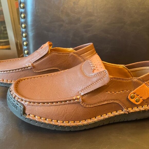 MEN'S BRAND NEW 100% Caoutchouc Leather Loafers EU SIZE 38 Brown. Hand Stitched - Picture 1 of 6